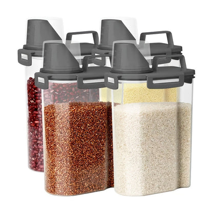 Four-Piece Transparent Grain Storage Container Set with Flip-Top Lids and Pouring Ports for Dry Goods