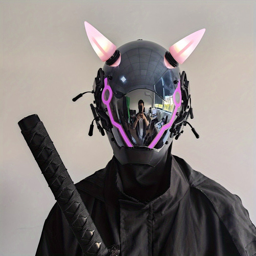 Pink LED Cyberpunk Costume Mask with Horned Full-Face Helmet, Reflective Visor and Lighted Accent Lines