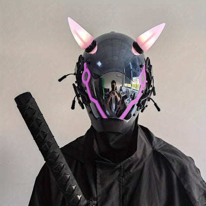 Pink LED Cyberpunk Costume Mask with Horned Full-Face Helmet, Reflective Visor and Lighted Accent Lines