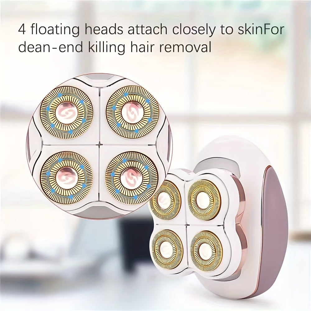 Women's Electric Shaver Full Body Hair Removal 4-Head 360° Rotating Wet Dry USB Rechargeable for Face Bikini Legs Arms Chest Underarms Travel-Friendly with Clipper Attachments