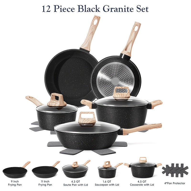 Cookware Set, 12-Piece Granite-Coated Aluminum Pots and Pans with Glass Lids, Pan Protectors and Two Color Options