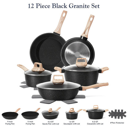 Cookware Set, 12-Piece Granite-Coated Aluminum Pots and Pans with Glass Lids, Pan Protectors and Two Color Options