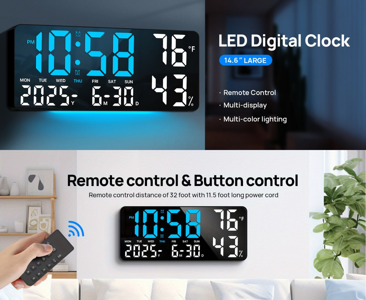 14.6-Inch Digital LED Wall Clock with Remote, Date, Weekday, Temperature and Humidity Color Options