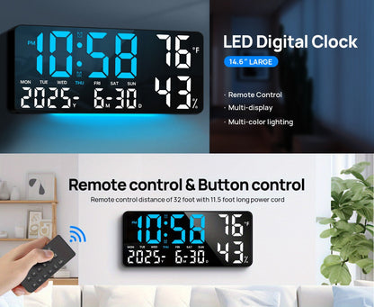 14.6-Inch Digital LED Wall Clock with Remote, Date, Weekday, Temperature and Humidity Color Options