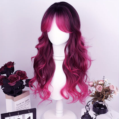 Synthetic Wig 28-Inch Rose-Red Gradient Waves with Air Bangs, 150% Density and Rose Net Cap