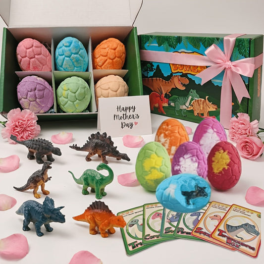 Bath Bombs, 6-Piece Dinosaur Surprise Set with Colorful Round Fizzers, Hidden Dinosaur Toys and Gift Box