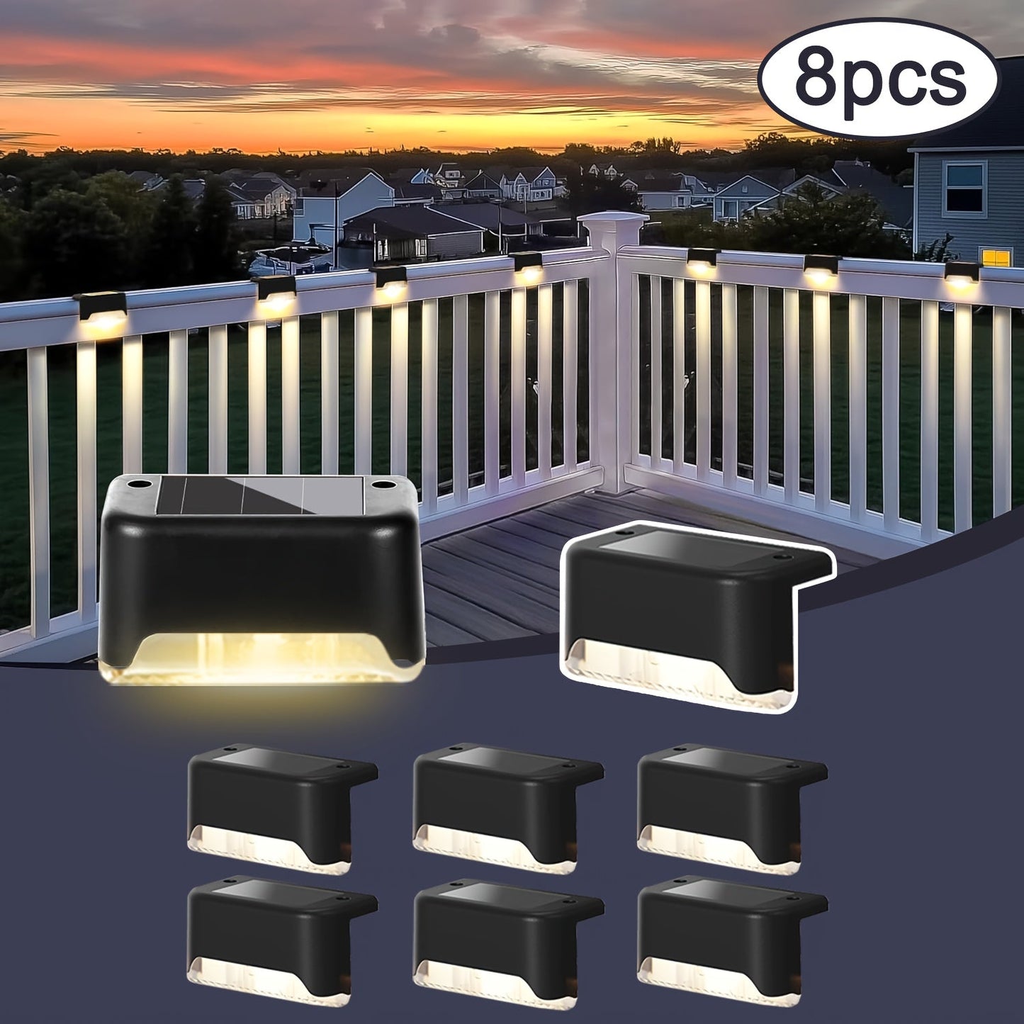 Solar Deck and Step Lights, 8- to 32-Piece Packs in Black, White or Brown with Integrated Panels