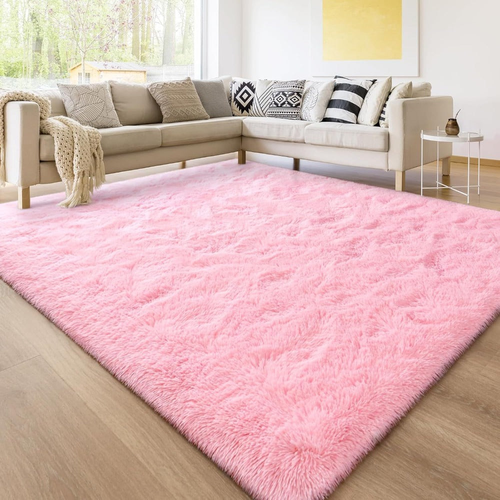 Area Rug Pink Soft Shaggy Design in Four Sizes with Placement Stickers for Bedroom or Dorm