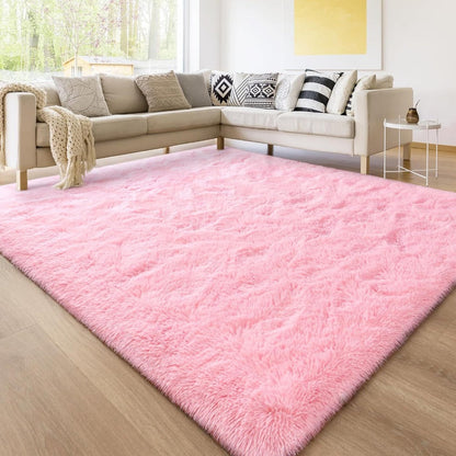 Area Rug Pink Soft Shaggy Design in Four Sizes with Placement Stickers for Bedroom or Dorm