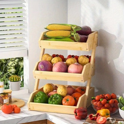 Fruit Rack Kitchen Organizer 2 or 3 Tier Natural Bamboo Freestanding Basket Shelf with Two Hooks