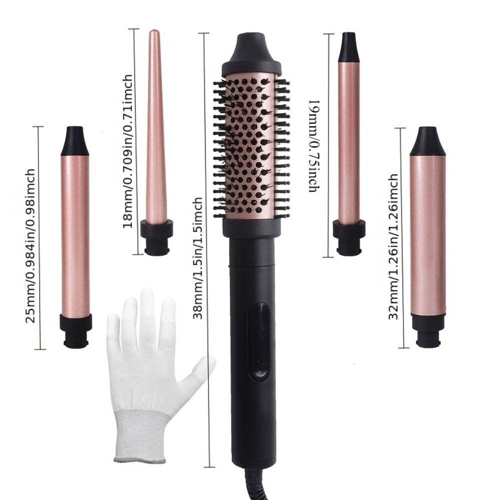Ceramic Curling Iron Set 5-in-1 with Interchangeable Barrels & Heat Brush – Professional Hair Curler Wand Styling Kit for Long-Lasting Waves & Curls, All Hair Types Women, Includes Heat Gloves & Clips