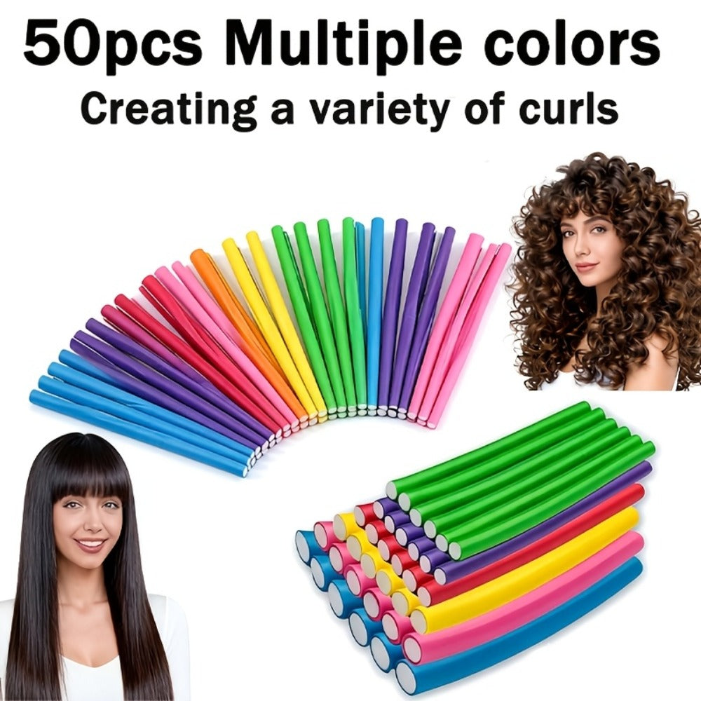 50-Piece Flexible Foam Curl Former Set in Random Colors for Heatless Waves, Spirals and Short Hair Styling