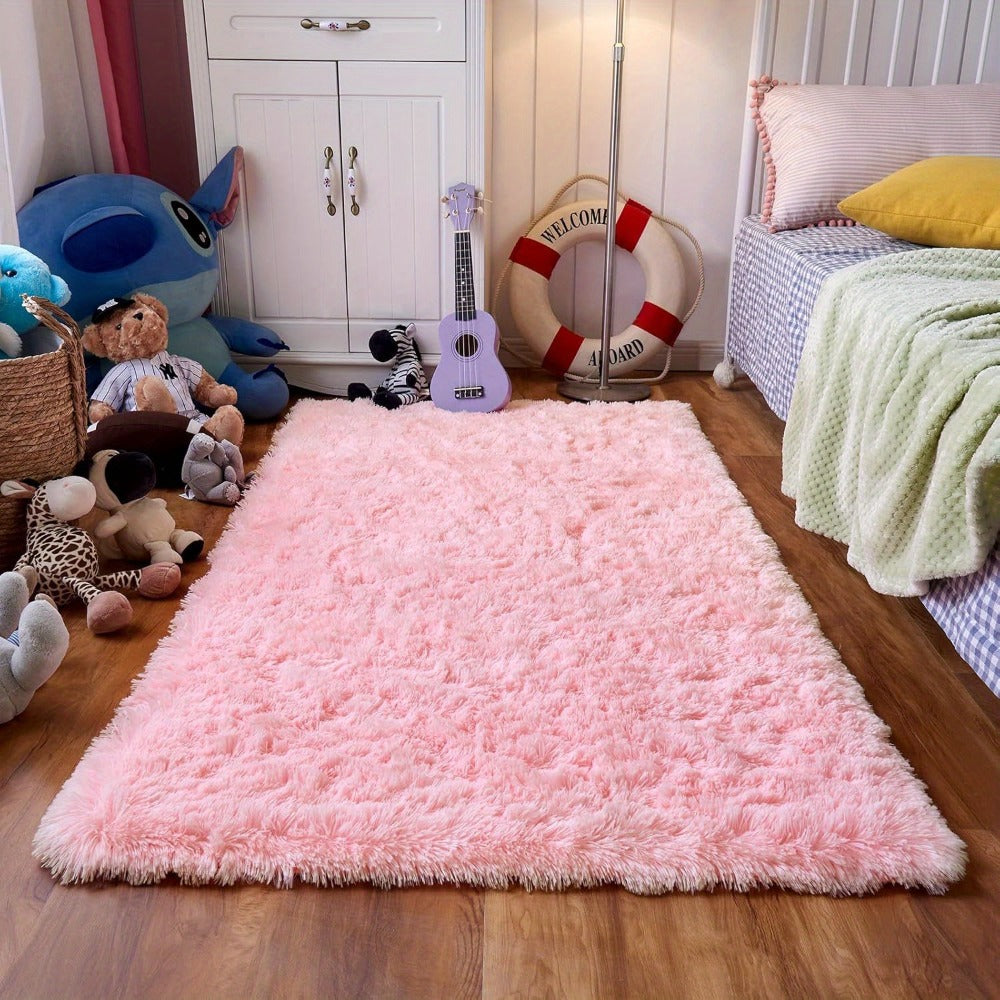 Area Rug Pink Soft Shaggy Design in Four Sizes with Placement Stickers for Bedroom or Dorm