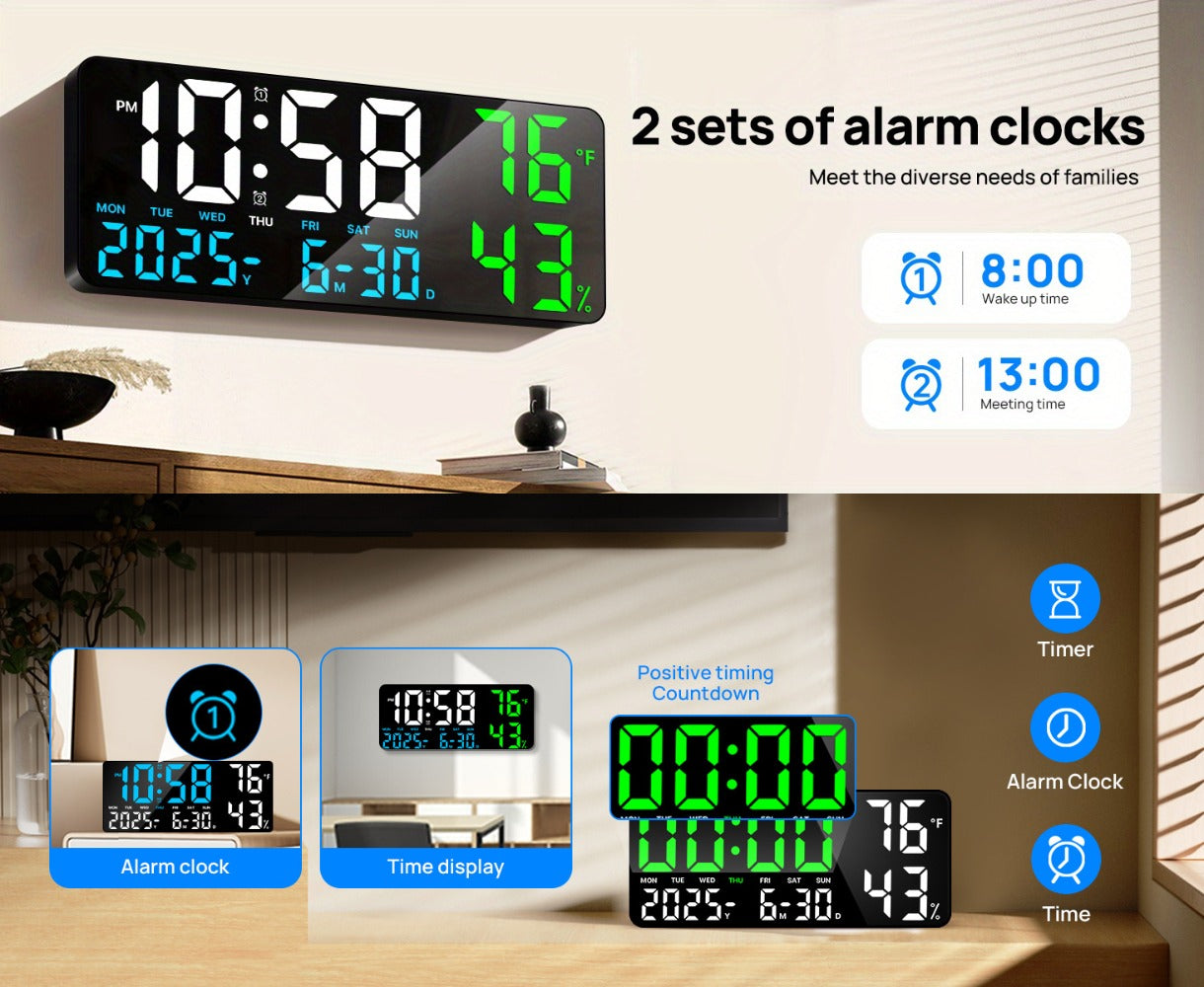 14.6-Inch Digital LED Wall Clock with Remote, Date, Weekday, Temperature and Humidity Color Options