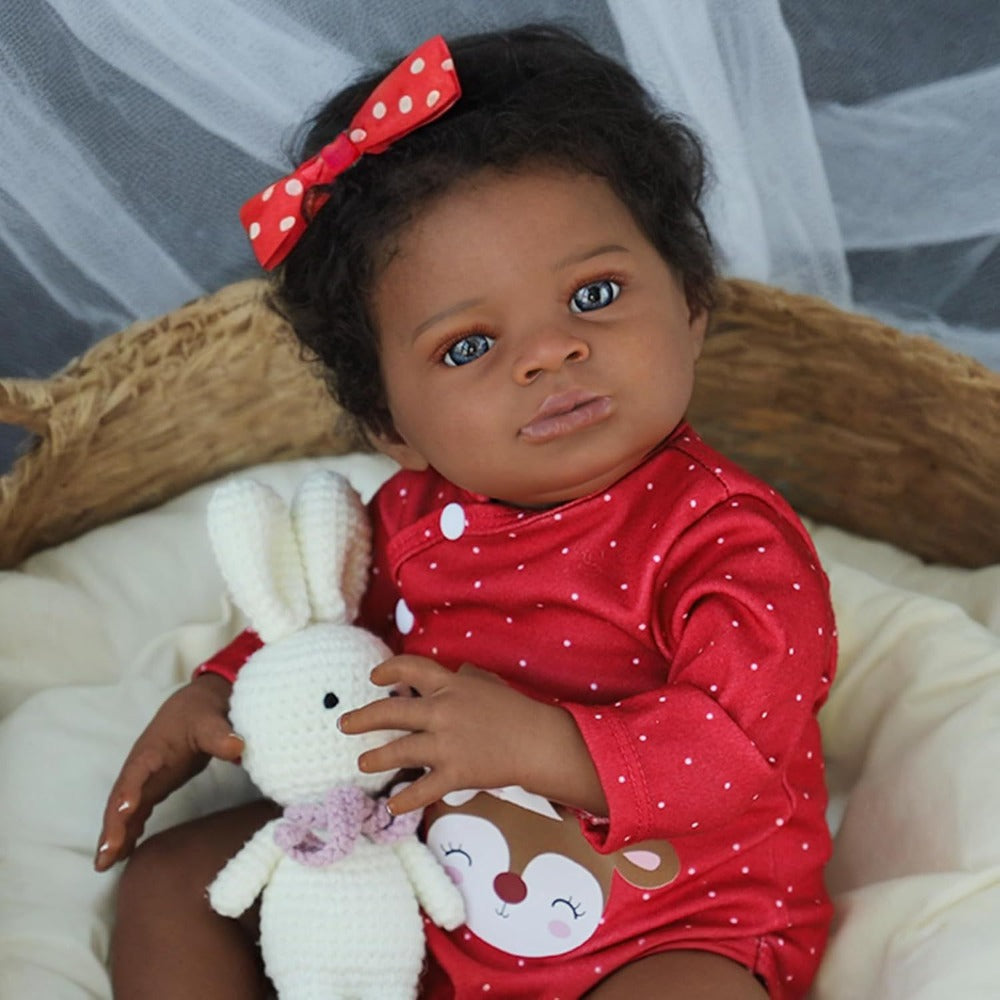 Reborn Doll, 20-Inch Cloth-Body Figure with Vinyl Limbs, Hand-Implanted Curly Hair and Gray Outfit