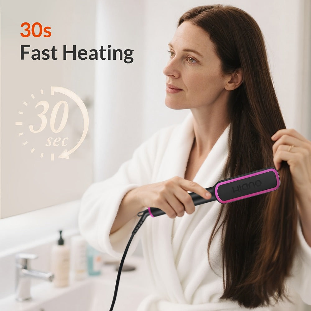 Ionic Hair Straightener Brush Anti-Scald – Precise Temperature Control Auto Shut-Off Straightening Comb Flat Iron for Women All Hair Types – Rose Gold, Black, Gift for Her