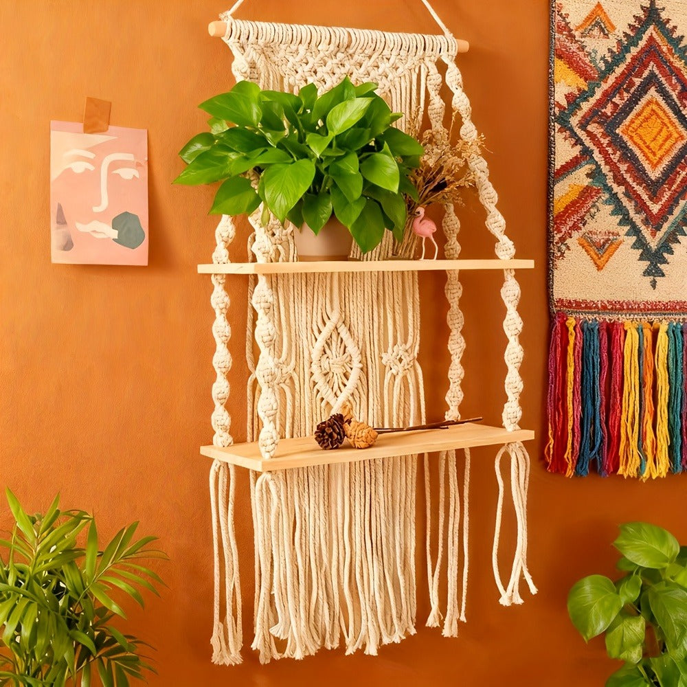 Macrame Wall Hanging with Tassel, Boho Woven Wall Decor for Living Room Bedroom Balcony, Two-Layer Lace Plant Hanger for Photo Frames & Small Plants – Bohemian Home Decor Wall Art