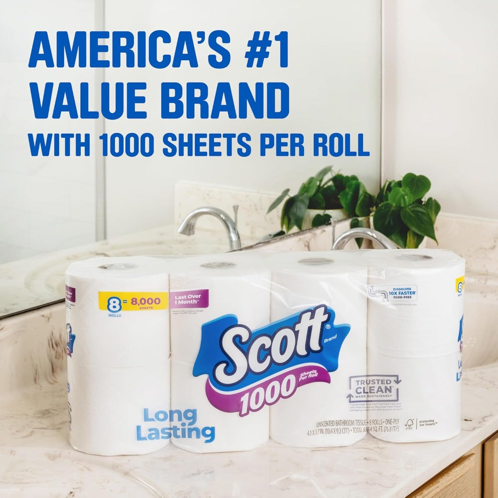 18-Roll One-Ply Toilet Paper Pack with 1,000 Sheets Per Roll for Home, Office and RV Bathrooms