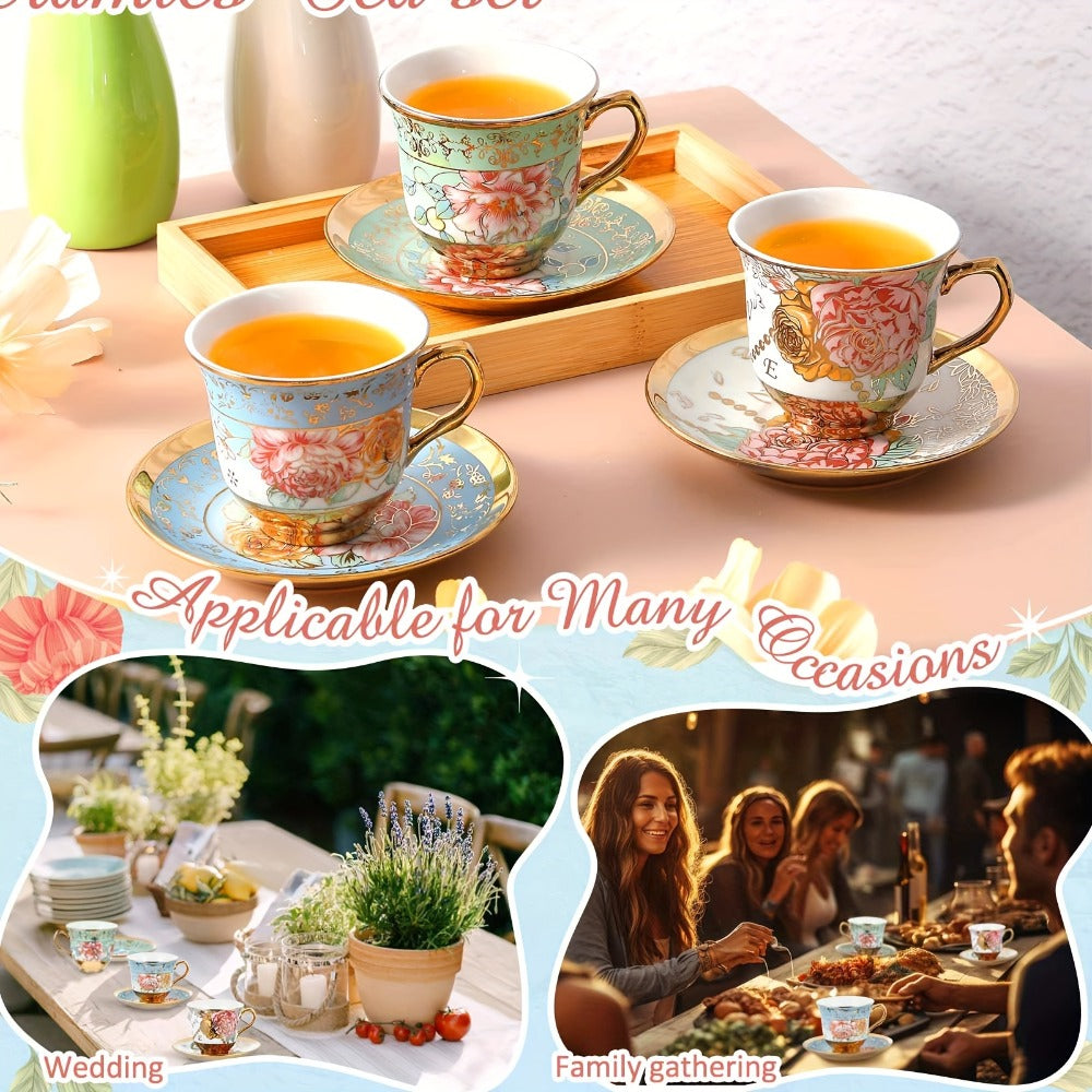 Twelve-Piece Floral Tea Cup and Saucer Set with Six 5.4-Ounce Cups and Six Matching Saucers
