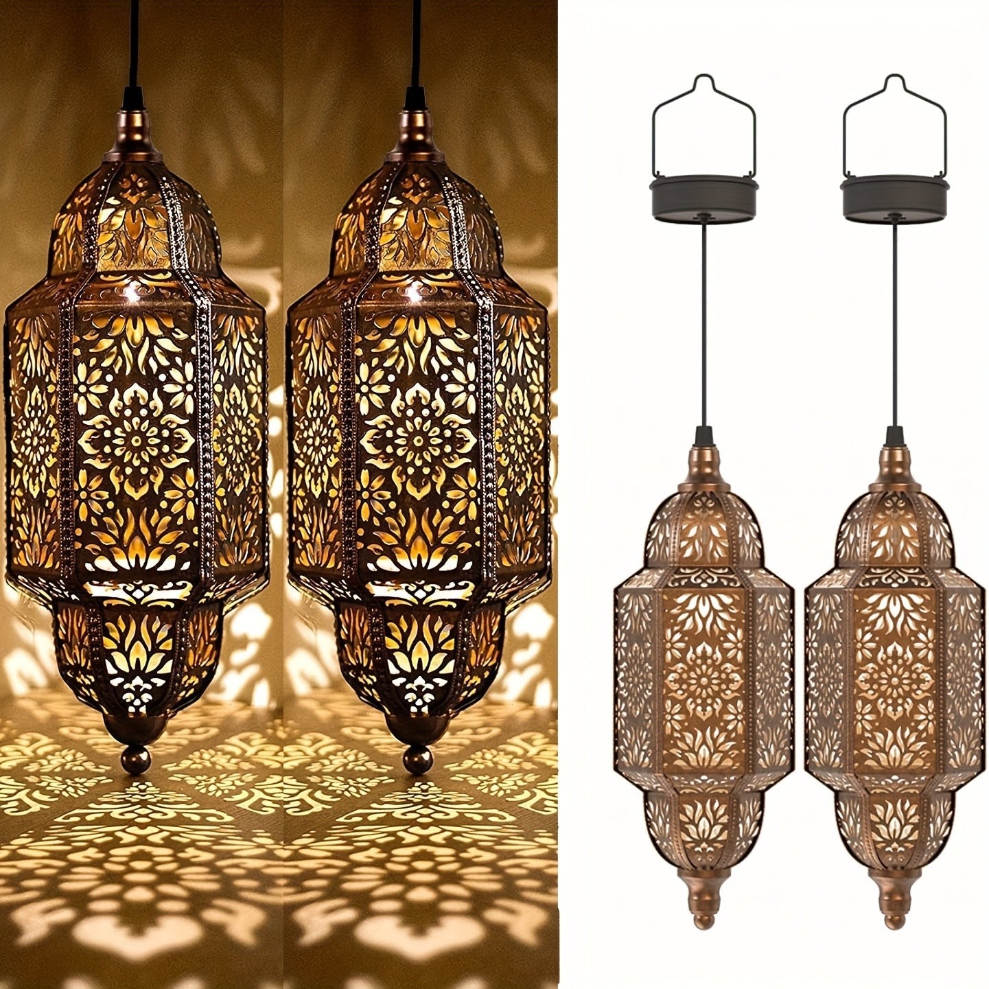 Solar Lanterns Outdoor 2 Pack Moroccan Cut-Out Design IP54 Waterproof Auto Dusk-to-Dawn Garden Pathway Patio Lantern Lights Gold Purple White Copper