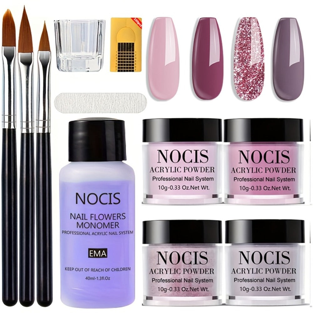 Acrylic Nail Kit NOCIS Four 10g Pink, Mauve and Glitter Powders with Liquid Monomer, Three Brushes and File