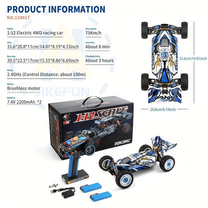 Remote Control Car, Wltoys 124017 Brushless 4WD Off-Road Racer with 75KM/H Source Speed and Two 7.4V 2200mAh Batteries