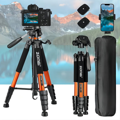 65-Inch Aluminum Camera Tripod with Three-Way Pan Head, Quick-Release Plate, Phone Clip, Carry Bag and Four Colors