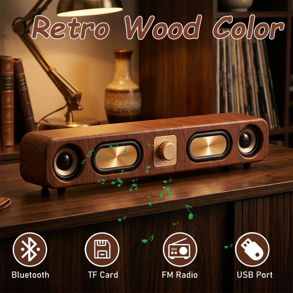 Retro Wood Grain Bluetooth Speaker Dual 2-Inch Woofers 10W Wireless Desktop Soundbar TF AUX USB Hands-Free Calling 2400mAh for PC Laptop Tablet Smartphone
