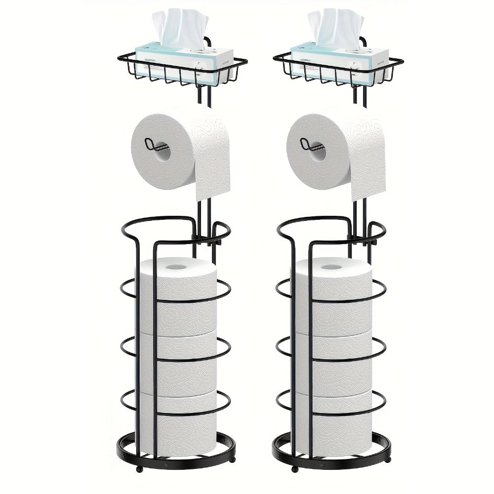 Freestanding Toilet Paper Holder with Square Reserve-Roll Cage, Upper Shelf and Single or Two-Pack Options