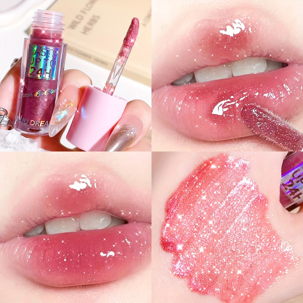 24H Waterproof Glitter Lip Gloss & Lip Stain Set 3PCS – Moisturizing Lip Oil Formula, Long-Lasting Smudge-Proof Glitter Shine in Berry Coral Pink Red Shades for Women All Skin Tones