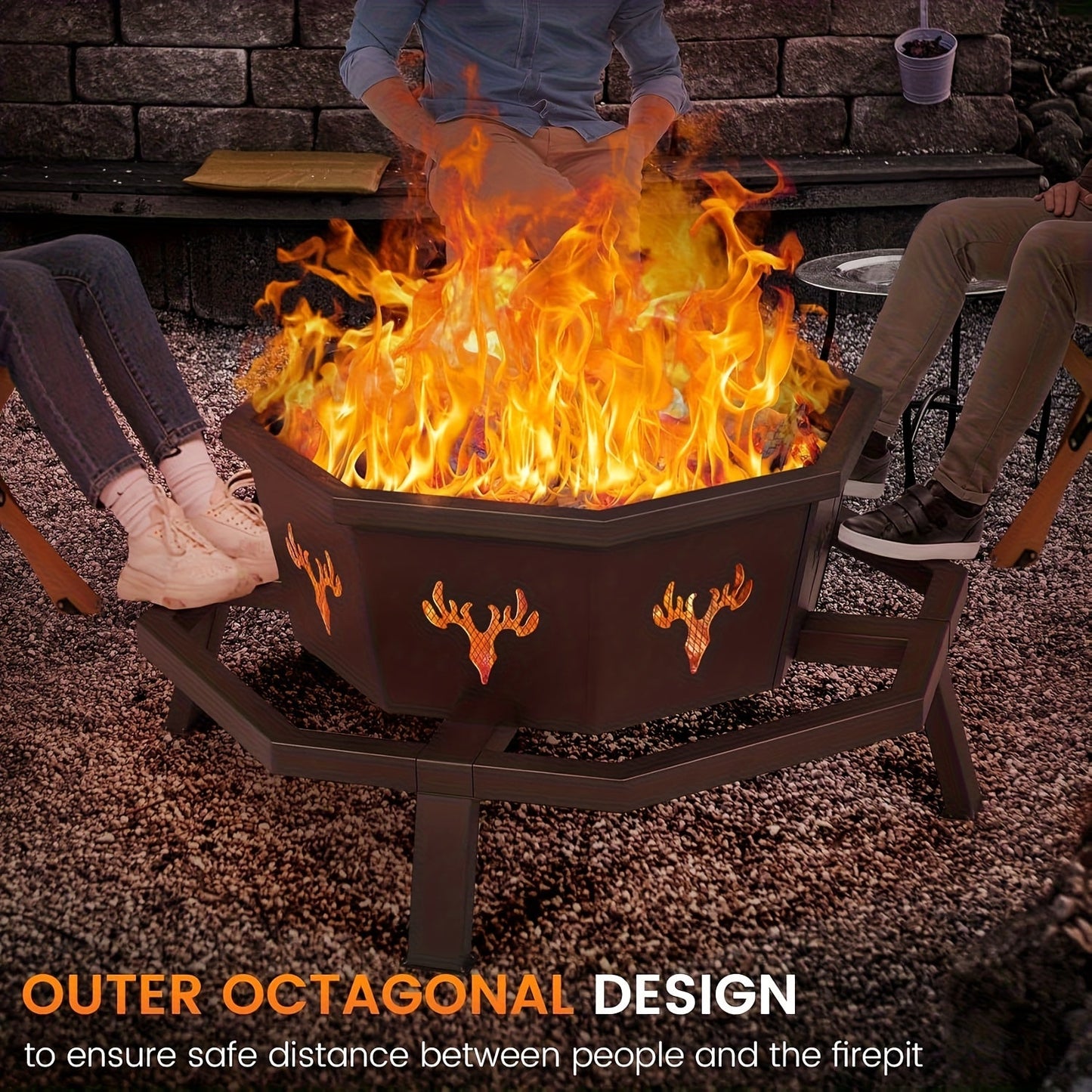 35-Inch Octagonal Wood-Burning Fire Pit with Spark Screen, Poker, Fire Grate and Wide Safety-Ledge Frame