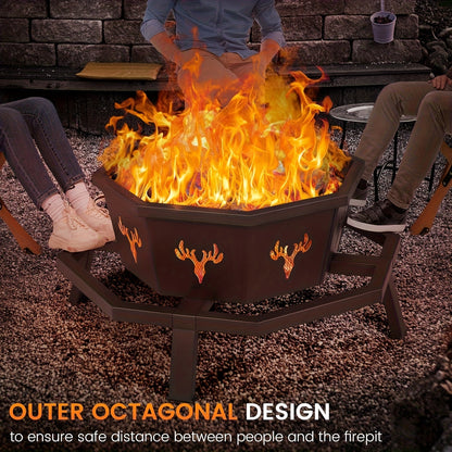 35-Inch Octagonal Wood-Burning Fire Pit with Spark Screen, Poker, Fire Grate and Wide Safety-Ledge Frame