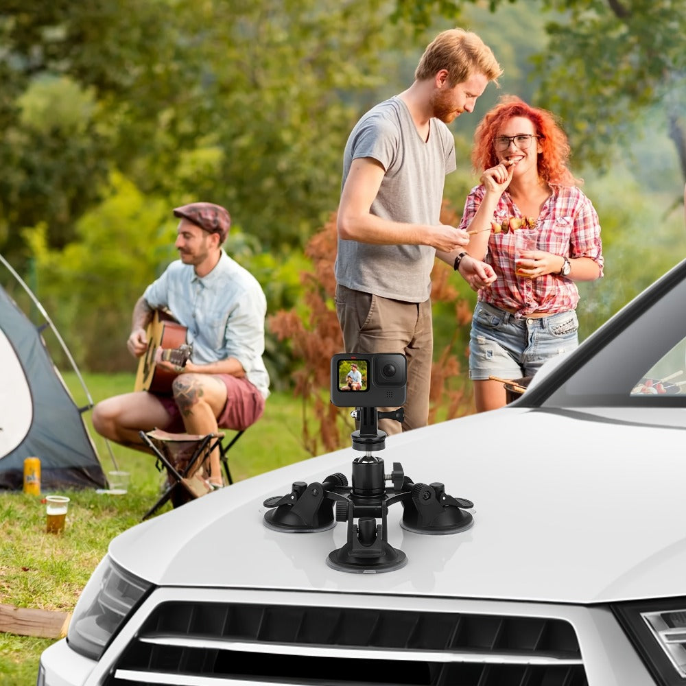 Three-Base Suction Cup Camera Mount with 360-Degree Ball Head and Quick-Release Holder for Camera Setups