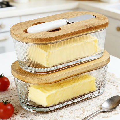 280 ml Ribbed Glass Butter Dish with Bamboo Lid, White-Handle Knife and Stripe-Pattern Checkout Option