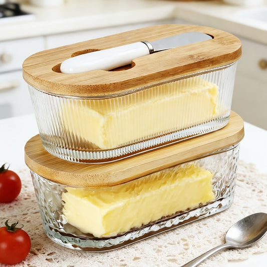 Glass Butter Dish with Airtight Sealed Lid | Butter Keeper for Countertop Refrigerator Fridge Door Storage Hygienic Covered Butter Tray Stripe Pattern Fresh Butter Container