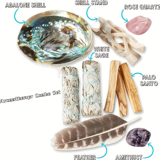 White Sage Smudge Kit 11pcs – 2 White Sage Bundles, 3 Palo Santo Sticks, Abalone Shell with Stand, Crystal Stones – Spiritual Cleansing Gift Set for Home, Meditation & Ritual Decor