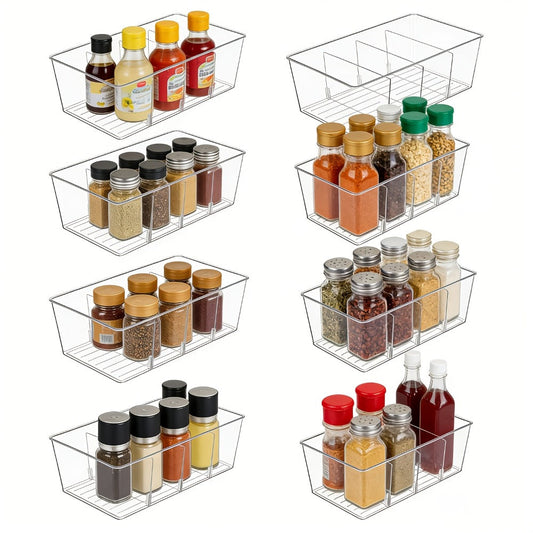 Clear Pantry Storage Bins Set of 8 with Dividers - Transparent Refrigerator Organizer Bins for Kitchen Cabinet, Pantry Organization, Snack Packet Spice Pouch Storage, 10.4" x 6.1" x 3.5"
