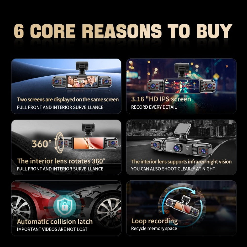 360° Panoramic Dash Cam 3 & 4 Lens 1080P HD Front + 720P Rear Left Right, Quad-Split Screen, HD Night Vision WDR G-Sensor Loop Recording, Full Coverage Car Camera, 32GB/64GB SD Card Options