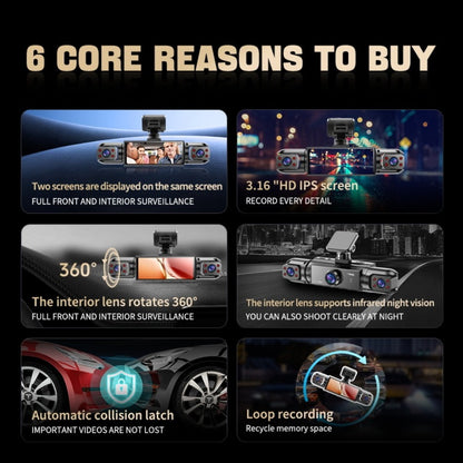 360° Panoramic Dash Cam 3 & 4 Lens 1080P HD Front + 720P Rear Left Right, Quad-Split Screen, HD Night Vision WDR G-Sensor Loop Recording, Full Coverage Car Camera, 32GB/64GB SD Card Options