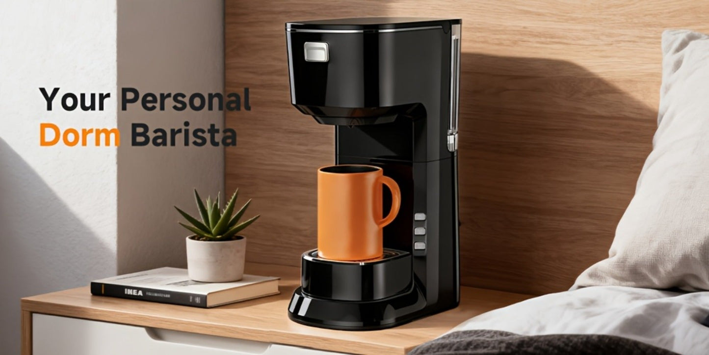 Compact Single-Serve Coffee Maker for Pods or Grounds with One-Button Control and Black or White Finish