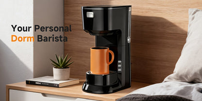Compact Single-Serve Coffee Maker for Pods or Grounds with One-Button Control and Black or White Finish