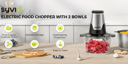 Mini Electric Food Processor 450W with 2 Bowls & 4 Bi-Level Blades, Meat Grinder & Vegetable Chopper for Baby Food, Onion, Meat & Herbs, 2-Speed 8-Cup Food Chopper, Black