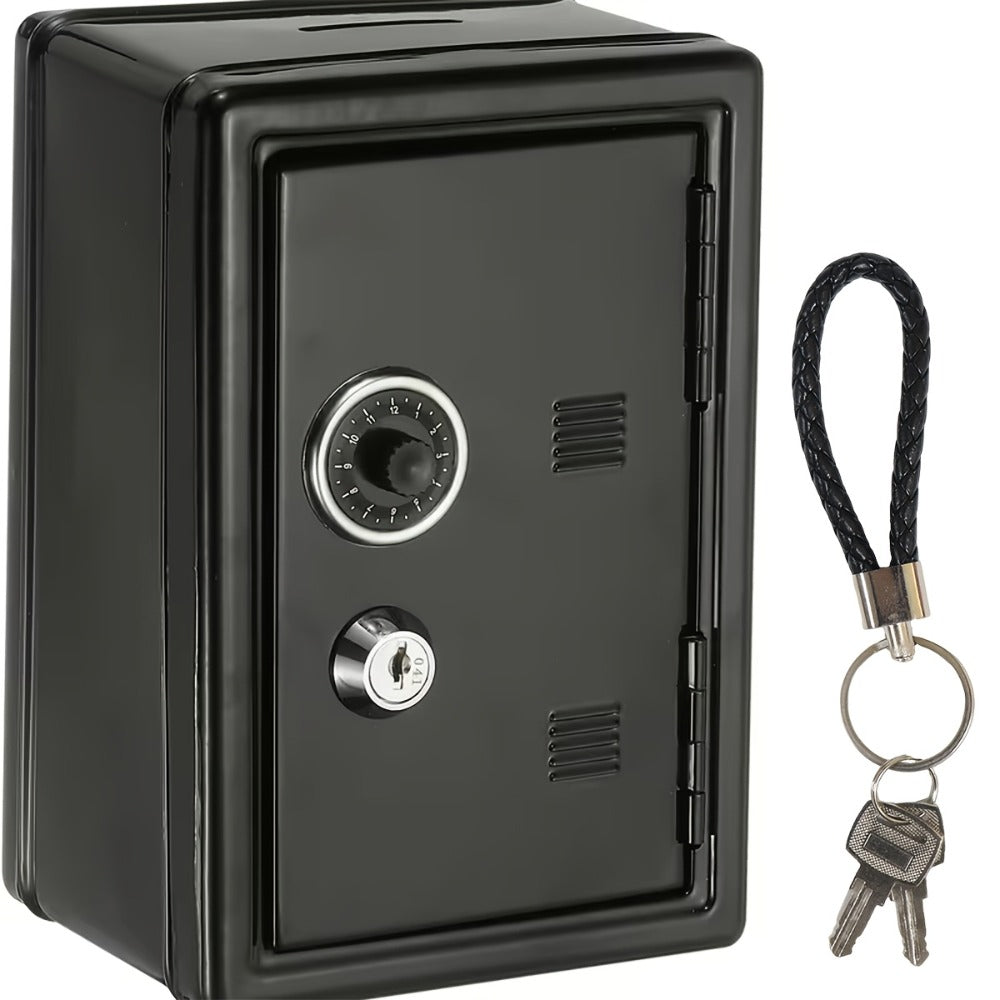Mini Metal Coin Bank with Combination Dial, Key Lock, Removable Drawer and Three Color Options
