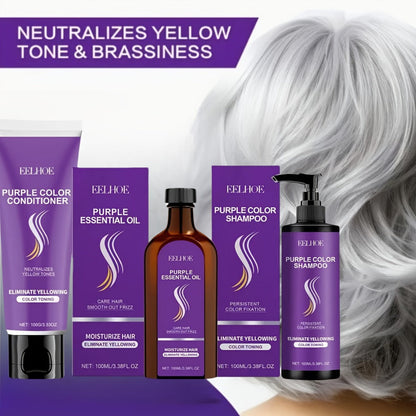Three-Piece Purple Hair Care Set with Shampoo, Conditioner and Coordinated Argan Oil Bottle