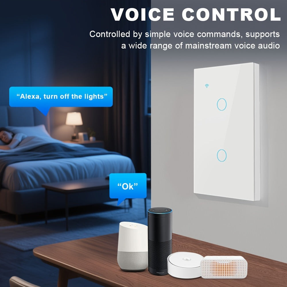 White Glass WiFi and Bluetooth Touch Wall Switch with One- to Four-Gang US-Style Options and Neutral-Wire Wiring