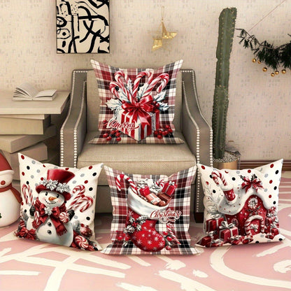 Four-Piece Christmas Pillow Cover Set, 18 x 18 Inches with Snowman, Candy Cane, Sleigh and Plaid Prints