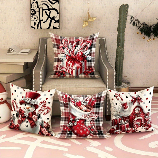 Christmas Throw Pillow Covers 4pcs Set - Snowman Candy Cane Buffalo Plaid Polyester 18x18in Decorative Cushion Covers with Zipper for Holiday Winter Living Room Bedroom Sofa Bed Decor