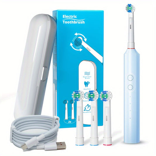 Electric Toothbrush Rechargeable 4 Brush Heads 3 Cleaning Modes Smart Timer IPX7 Waterproof USB Quick Charge 600mAh Round Head Adult Electric Toothbrush Blue