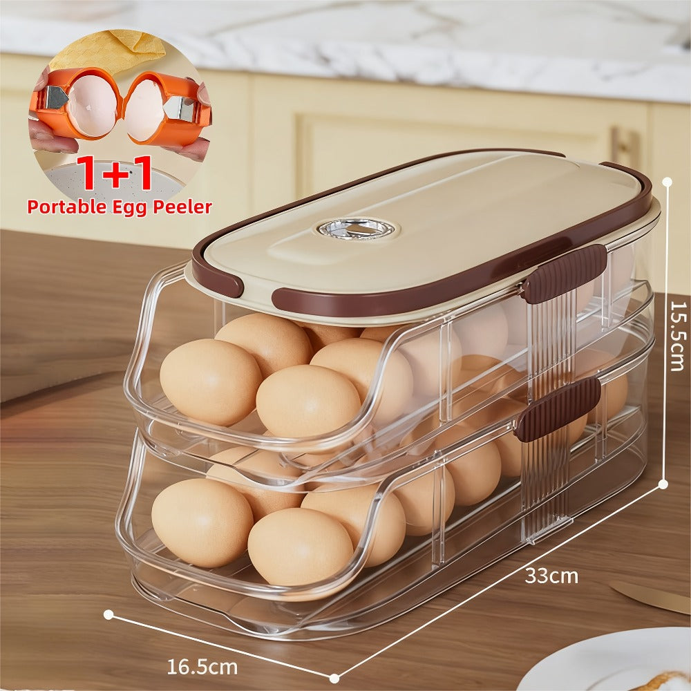 Egg Rack Kitchen Organizer Double-Row Auto-Rolling Dispenser with One, Two or Three Layer Options