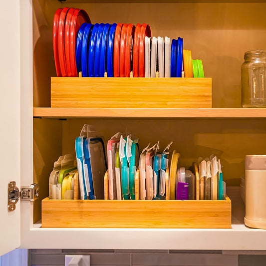 Bamboo Lid Organizer for Kitchen Cabinet with 5 Adjustable Dividers - Tupperware Lid Holder for Food Container Lids, Pot Lids Storage Rack with Writable Labels, 13" Wide